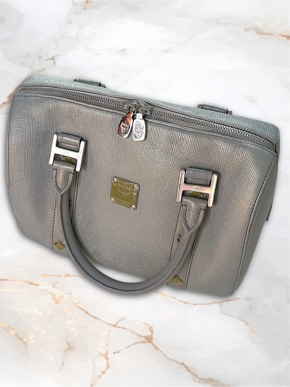 MCM München Metallic Silver Saffiano Leather Boston Bag - Picture 11 of 17
